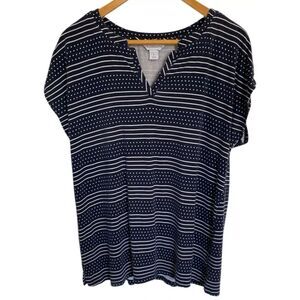 Liz Claiborne Women's Top Size L Cap Sleeve Split Neck Strips/Polka Dots Navy